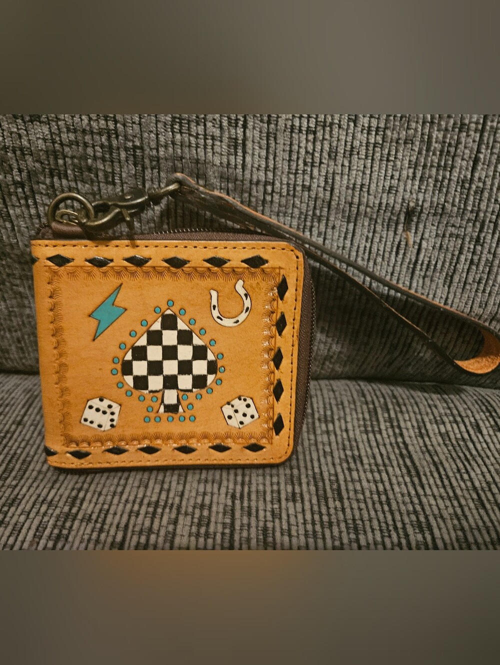 Tan Leather Wristlet Wallet with Spade Patch and Game Icons